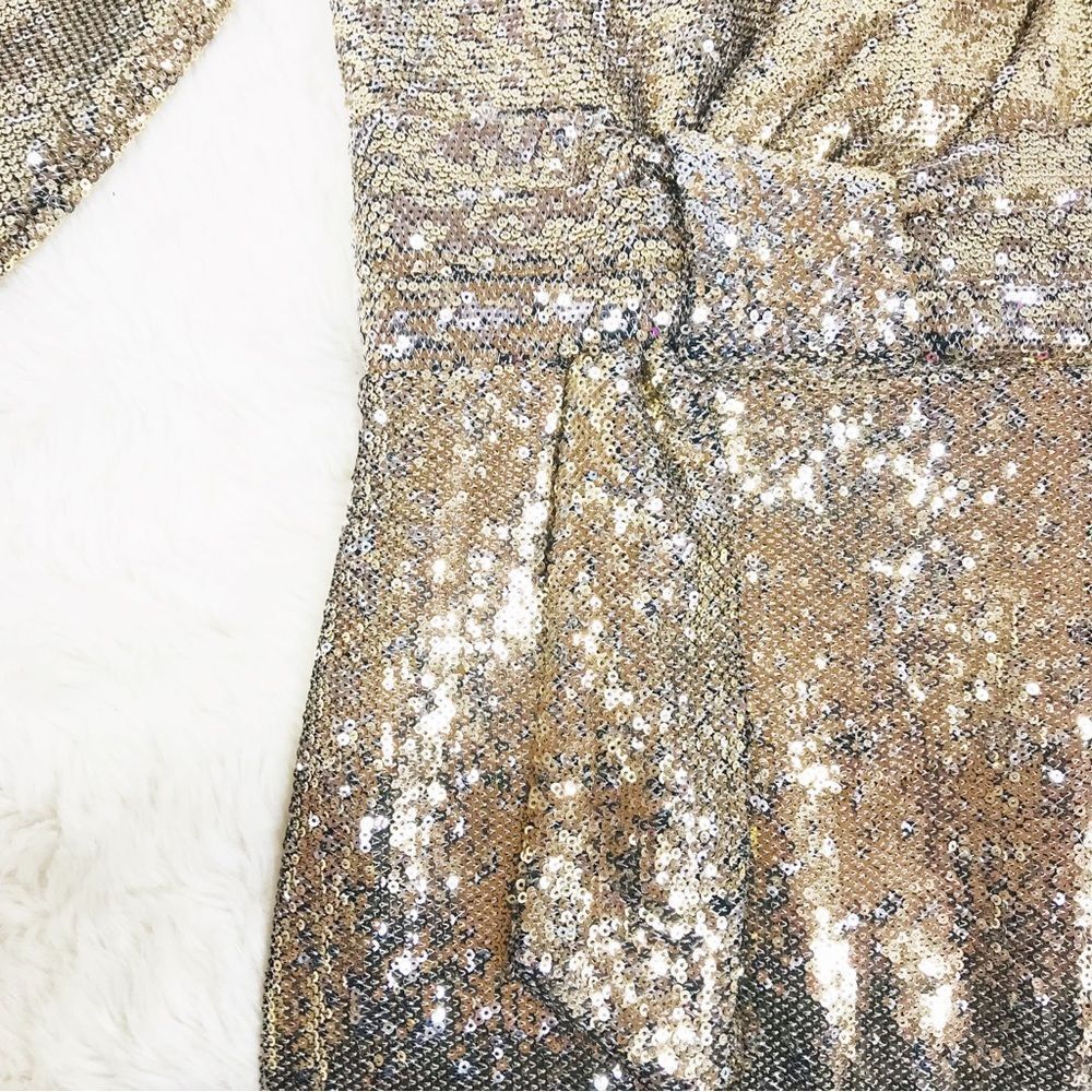 CALVIN KLEIN Gold Sequin Cocktail Dress Party Knee Length Faux Wrap Size 2 New - Picture 6 of 12